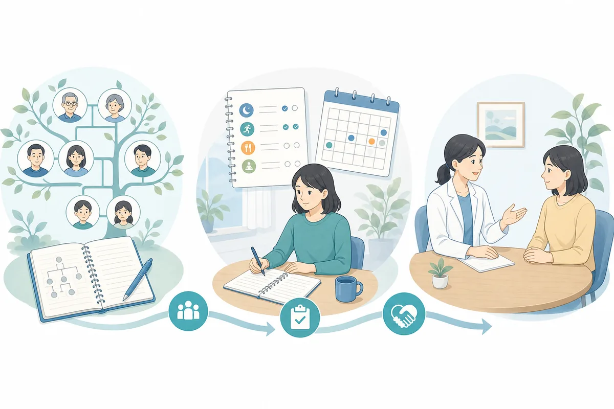 家族歴を整理し、日常の記録をつけ、医療専門職へ相談する流れのイラスト