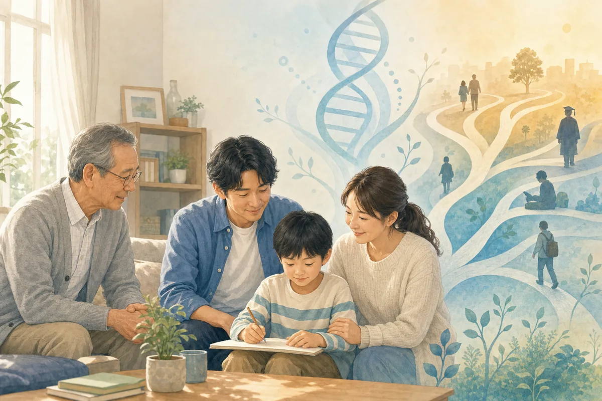 家族、DNA、複数の成長経路でADHDの遺伝的傾向と個人差を表したイラスト