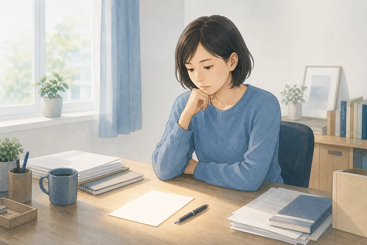 机の前で作業を始められず考え込む大人の編集イメージ