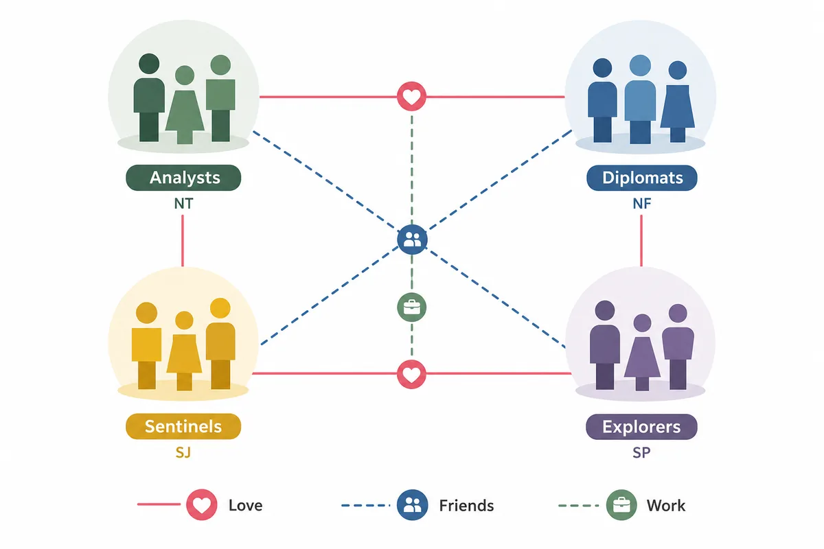 MBTI 64タイプの相性を恋愛、友達、仕事の3場面で整理する図